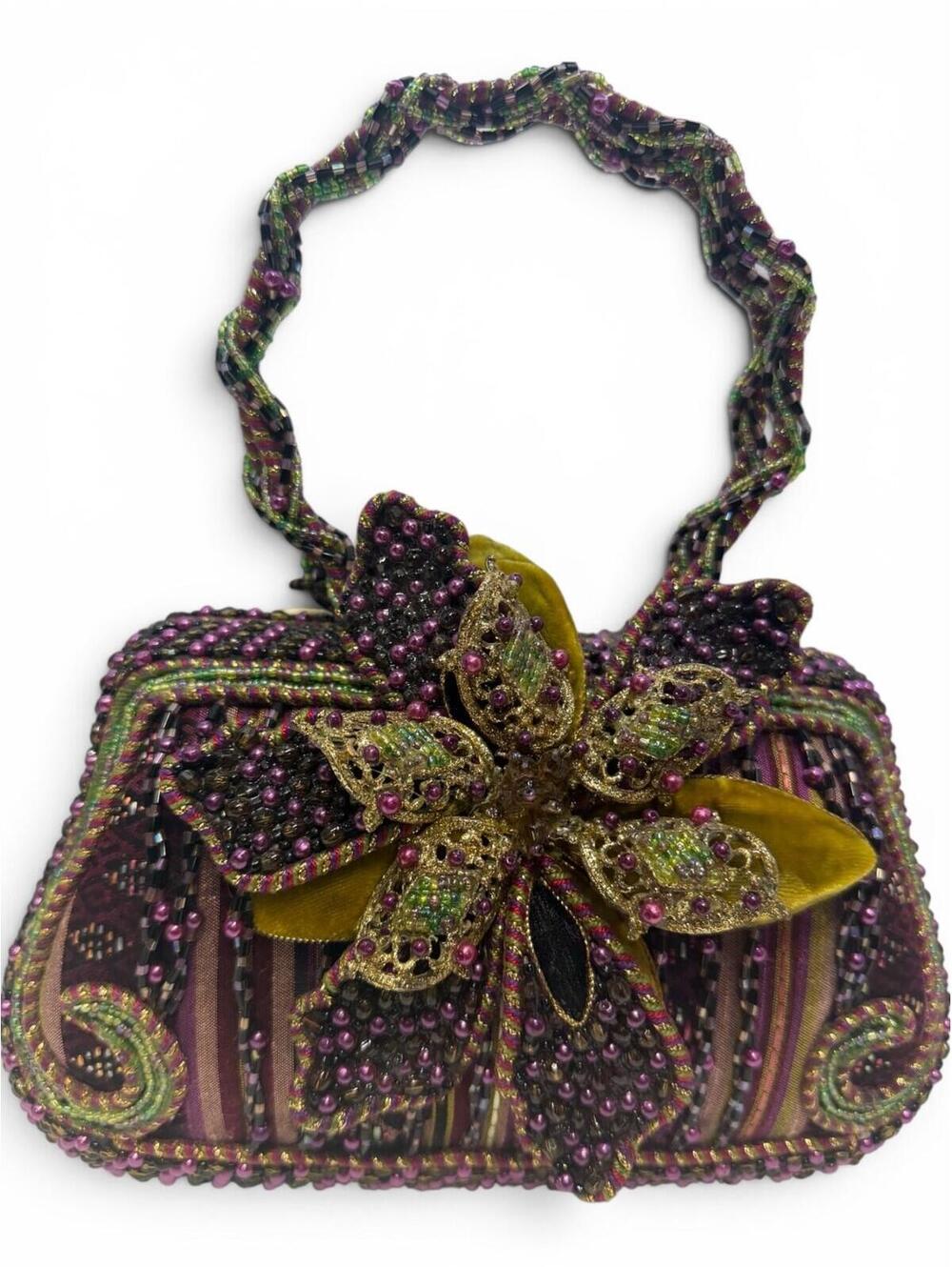 Vintage Mary Frances Blooming Beauty Beaded Handbag Purple Green Flower Purse